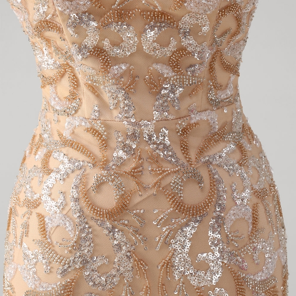 Glitter Champagne Mermaid V-Neck Sequin Dredd With Beading - NEVER BEEN WORN - Picture 6 of 10